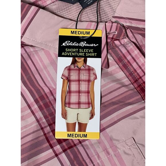 Eddie Bauer Short Sleeve Adventure Shirt Peach Starling Plaid Womens M *READ* - Picture 2 of 12